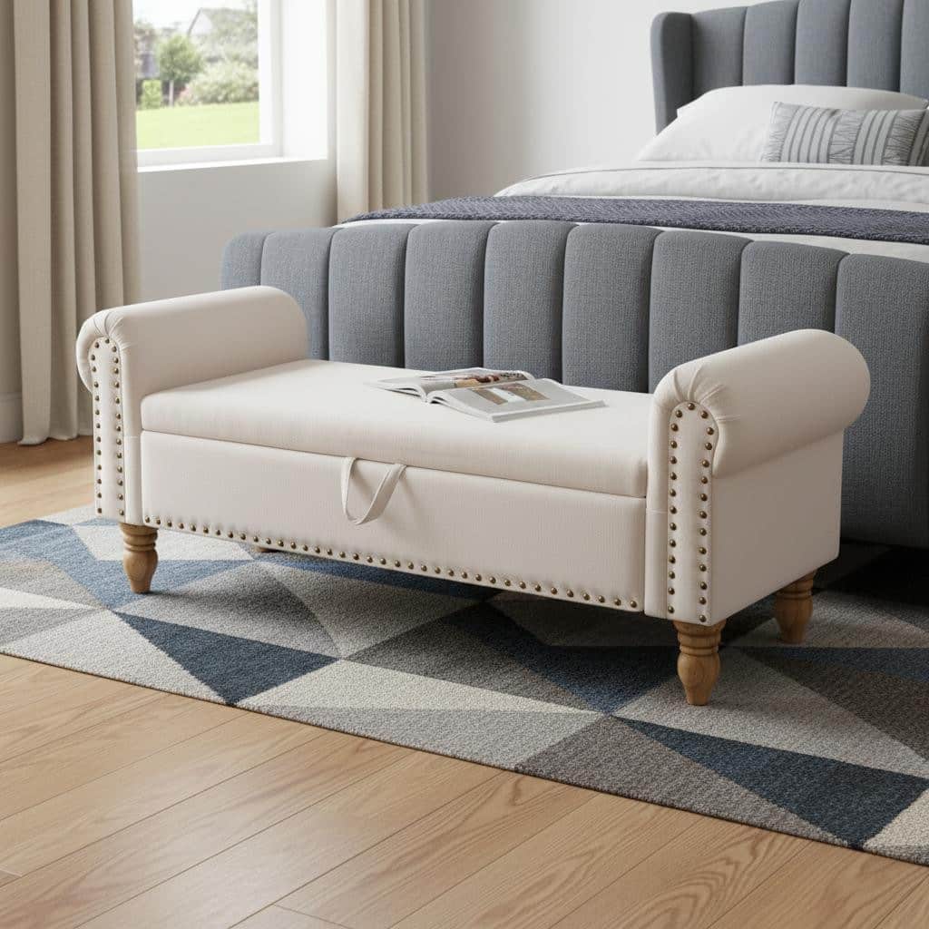 HomeRoots 55" Beige and Brown Linen and Solid Wood Upholstered Storage Bench With Flip Top - 55.00 in. x 20.00 in. x 17.00 in.