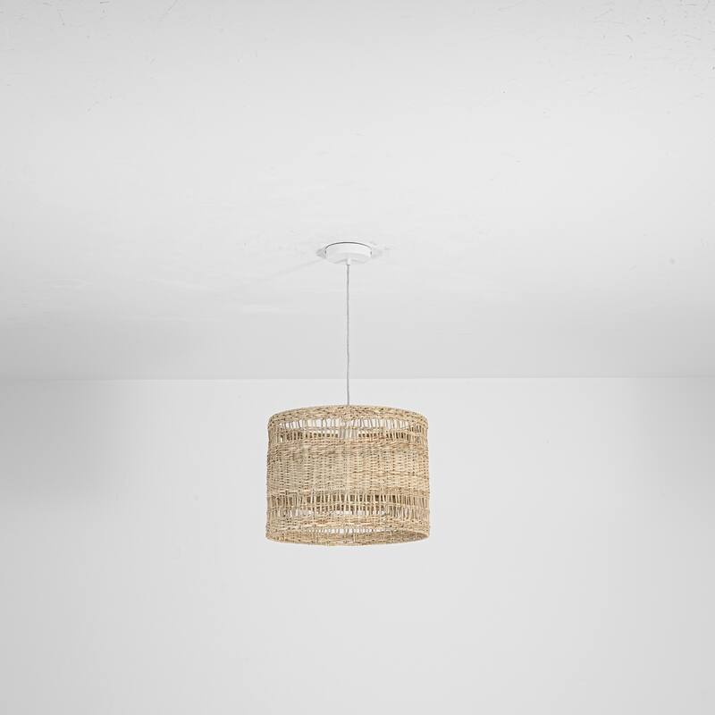 1-Light Boho Coastal Cylindrical Drum Woven Pendant Light with Matte White Finish and Herbaceous Rattan Shade