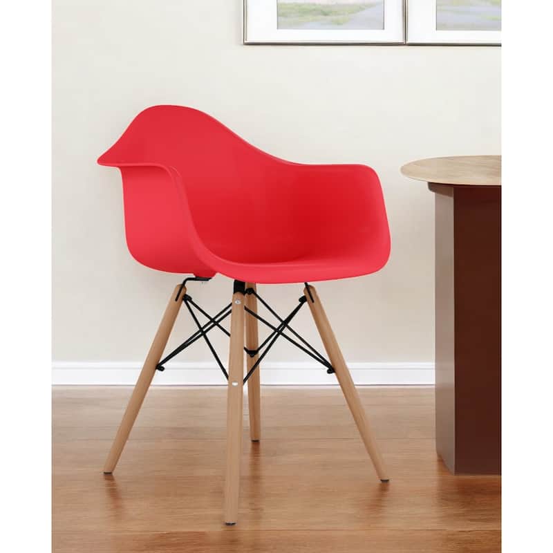Modern Red Plastic Seat Dining Armchair with Solid Back and Wood Legs for Kitchen or Dining Room - 32”H x 23”W x 19”D