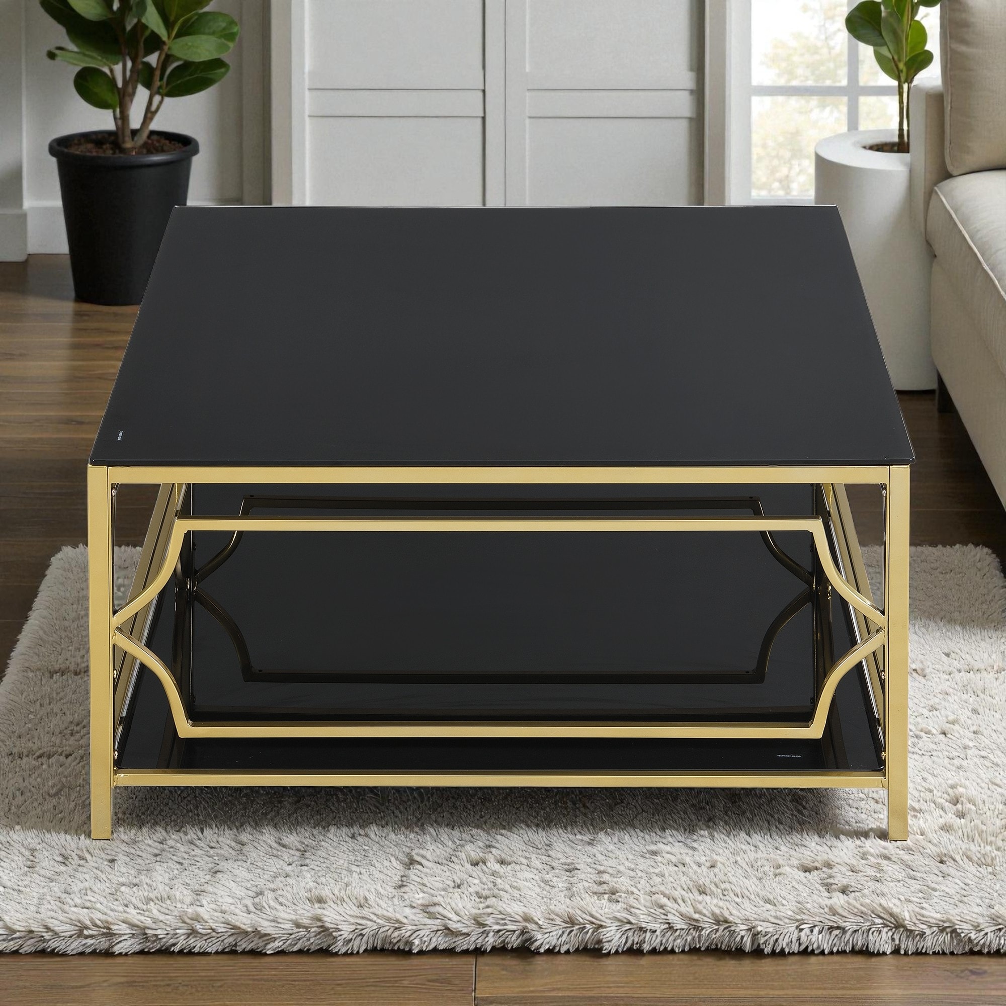 Square Glass Coffee Table with Geometric Metal Frame and Lower Shelf, 33.5" Living Room Accent Centerpiece - Glass+Metal
