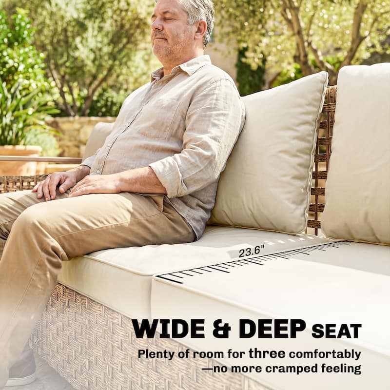 Outsunny Outdoor Patio Couch with Wide and Deep Seat, 3 Seater Wicker Outdoor Sofa with Wide Metal Armrests