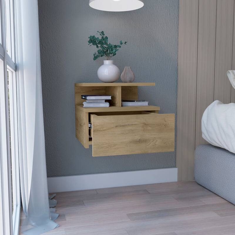 Wall-Mounted Nightstand with Drawer and 2-Tier Shelf, Macadamia