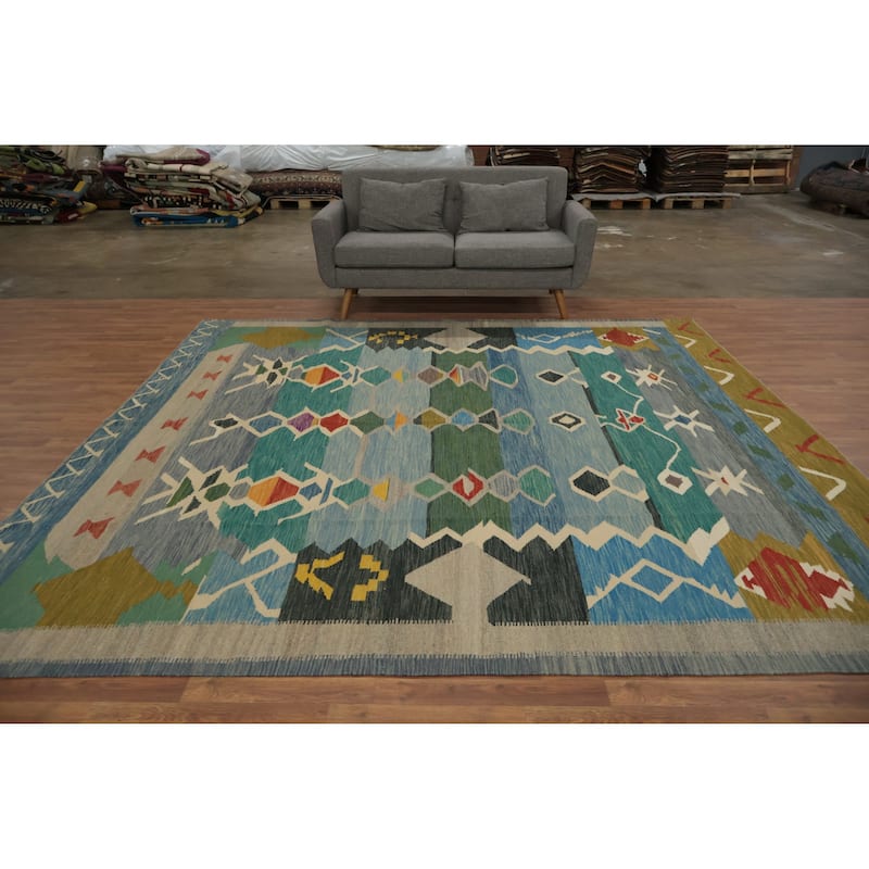 Hand Woven Oriental 100% Wool Carpet Southwestern Tribal Multi-Colored Kilim Area Rug - 9' 10'' X 9' 8''