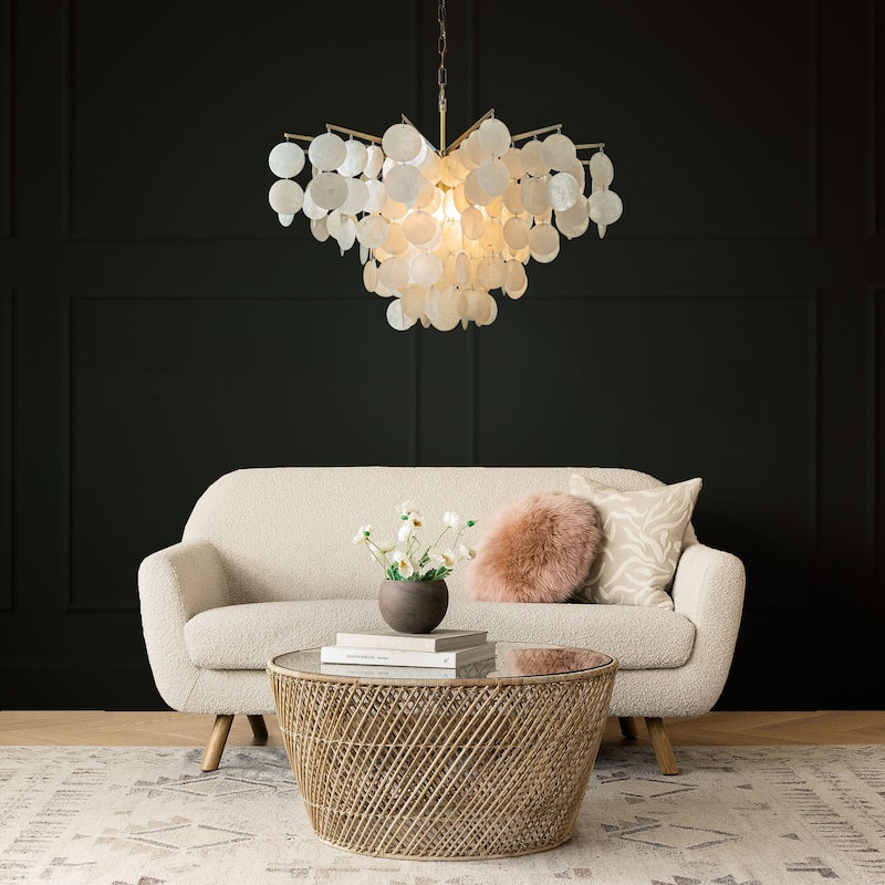 Cone Shape Tier Coastal Capiz Shells Chandelier With Antique Gold Metal