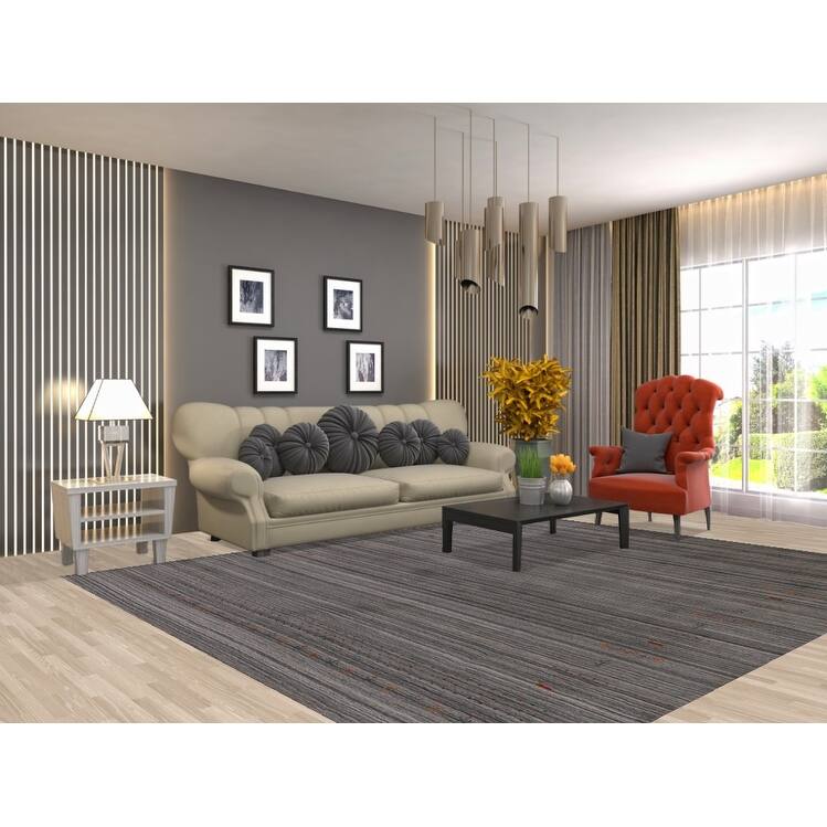 Hand Knotted Oriental 100% Wool Carpet Tribal Stripe Greys & Charcoal Gabbeh Area Rug - 9' 9'' X 8' 1''