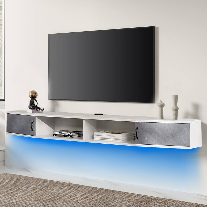 Floating TV Stand with Charging Station and LED Light - White