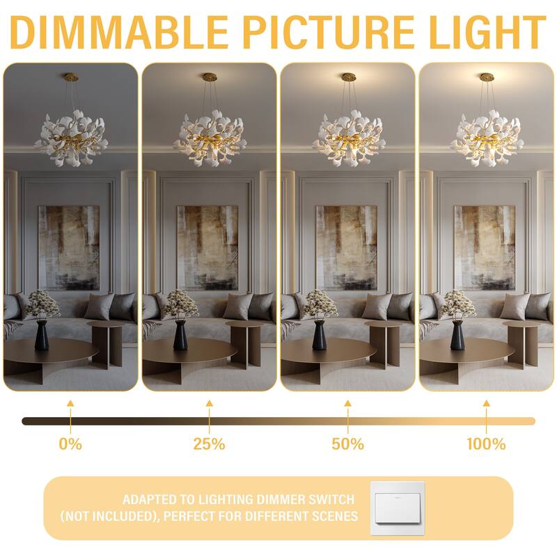 Modern Ginkgo Leaf Ceramic Chandelier, Moon Ring Round Pendant Light, D550-D1200, Gold Finish