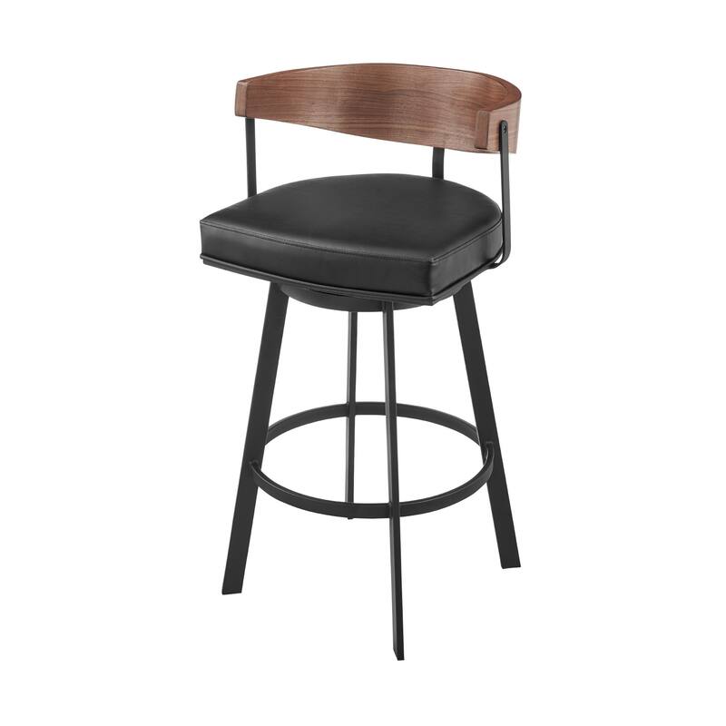 HomeRoots 30" Black and Brown Faux Leather and Iron Low Back Bar Height Swivel Bar Chair