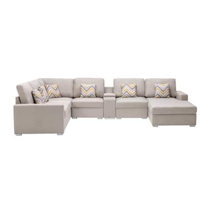 Linen Fabric 7 Piece Reversible Chaise Sectional Sofa with Storage Console Table and 6 Pillows
