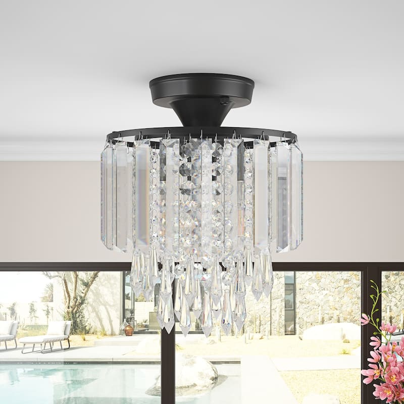 Modern Rain Drop Crystal 1-Light Semi Flush Mount Ceiling Light for Bedroom