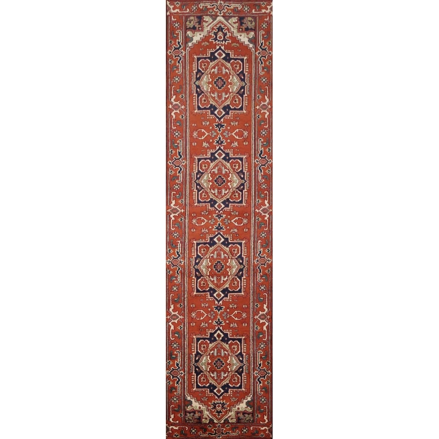 Hand Knotted Oriental 100% Wool Traditional Red Heriz (serapi) Runner Rug - 10' 3'' X 2' 6''