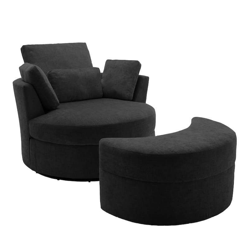 Upholstered Swivel Accent Chair with Wooden Tray Storage Ottoman