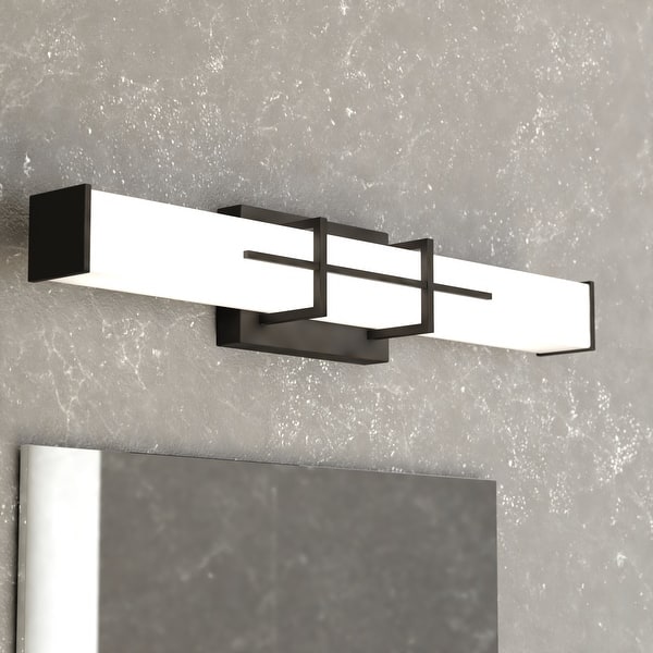 slide 2 of 11, Fuller Park 1-Light 22.5 inch Wide Matte Black Bathroom Vanity Lighting Fixture, White Frosted Glass, Dimmable LED Wall Sconce 22.5-in W x 4.75-in H x 4.25-in D - Matte Black