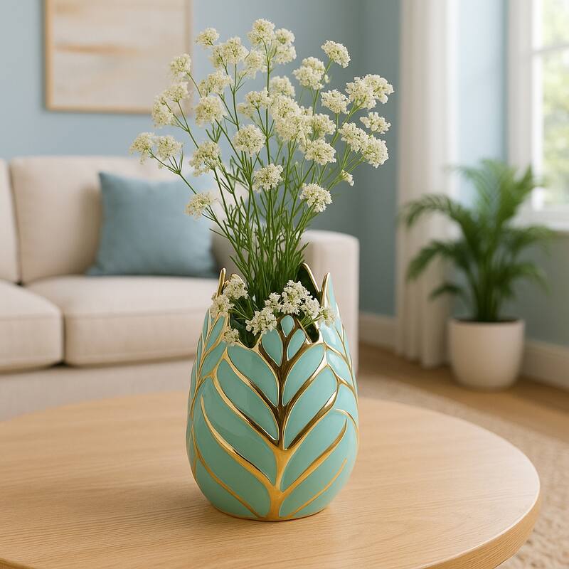 Ceramic Modern Leaf Sculptural Flower Vase - Green - 8.0"