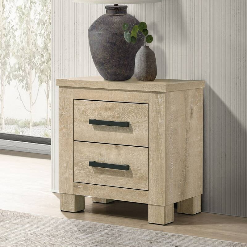 2 Drawers Wooden Nightstand with Dark Bronze Handles in Weathered Oak