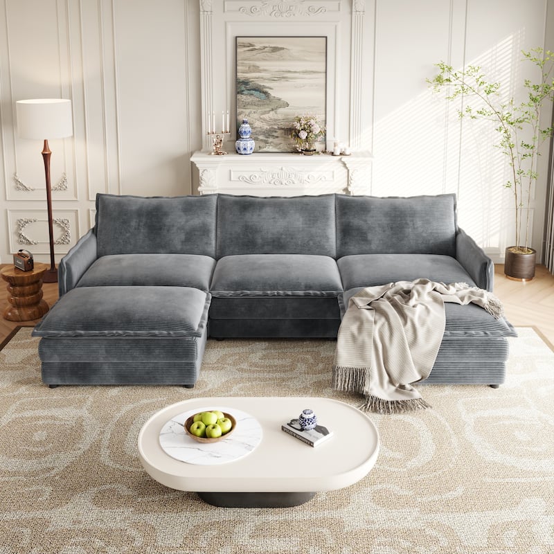 109" Corduroy 3-Seater Cloud Sectional Sofa with 2 Ottomans