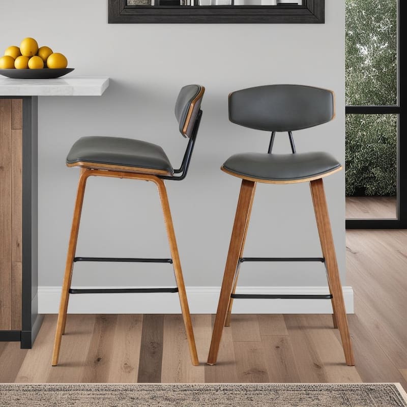 Fox Mid-Century Bar Stool, Upholstered Counter Height Chair with Bentwood Legs - Set of 2 - Grey & Walnut - Counter Height