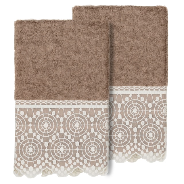 Authentic Hotel and Spa 100% Turkish Cotton Arian 2PC Cream Lace Embellished Hand Towel Set - Latte