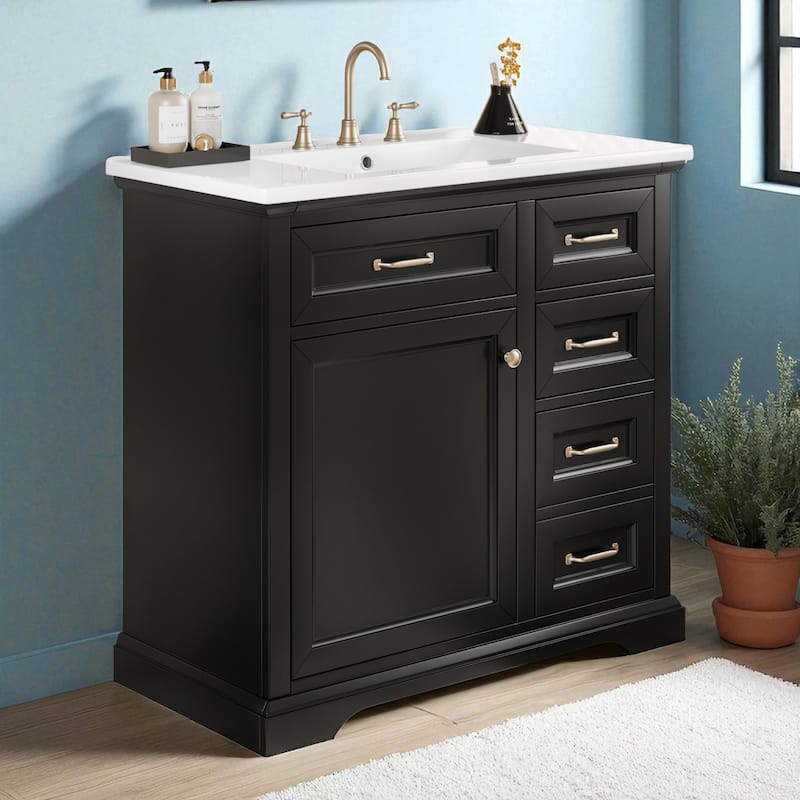 36 Inch Bathroom Vanity with Ceramic Sink, Freestanding Cabinet with 2 Tip-Out Drawers, Soft-Close Hinges & Storage Shelves - Black
