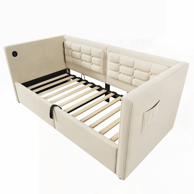 Hydraulic Storage Twin Bed Frame with Wooden Slats and Tufted Sofa Back