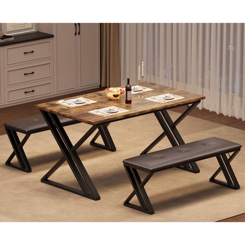3-Piece Dining Table Set with 2 Benches, Space-Saving Design for Kitchen or Apartment - Brown