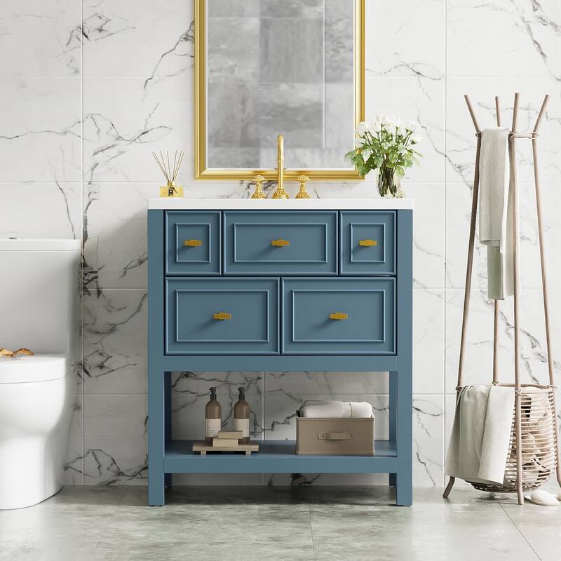 Free Standing Single Vanity Set with 5 Drawers - Blue
