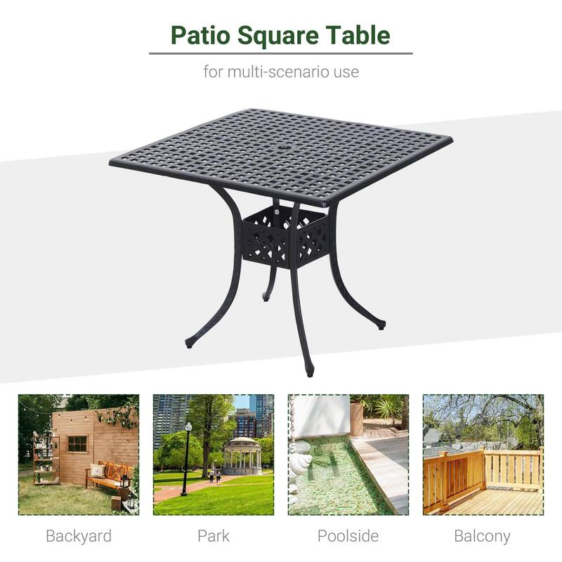 36-Inch Cast Aluminum Square Table with Umbrella Hole for Patio