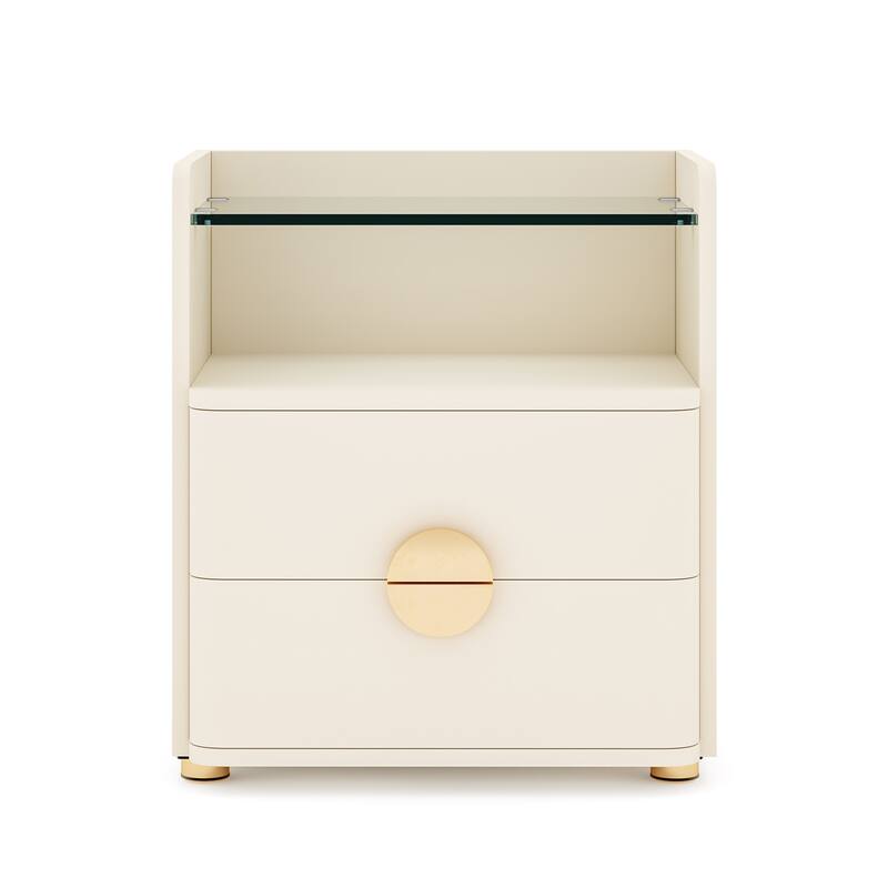 19.68" 2-Drawer Nightstand with Tempered Glass Top & Open Shelf - Wood Bedside Table with Gold Metal Legs, Stylish End Table