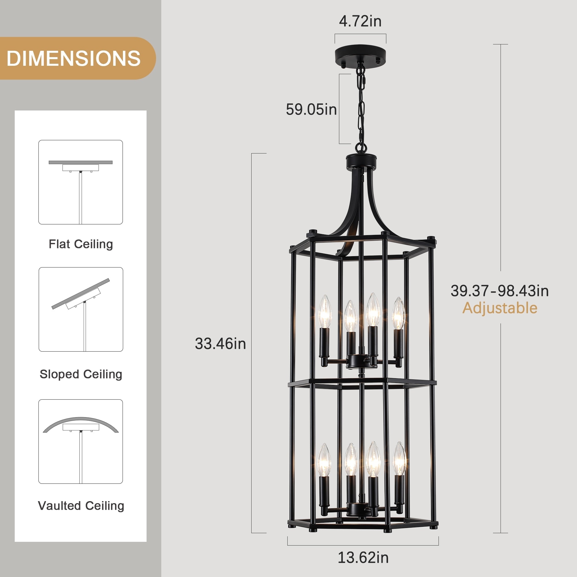 Farmhouse Industrial 3-Light Chandelier – Black Metal Cage Pendant Light With Wood Grain Accents, Adjustable Height, For Kitchen Island, Dining Room & Entryway