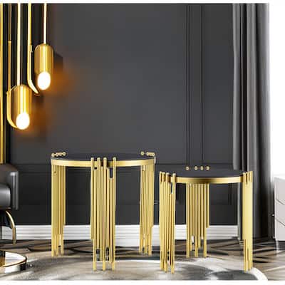 2 in 1 Nesting Round End Table in Black Gold
