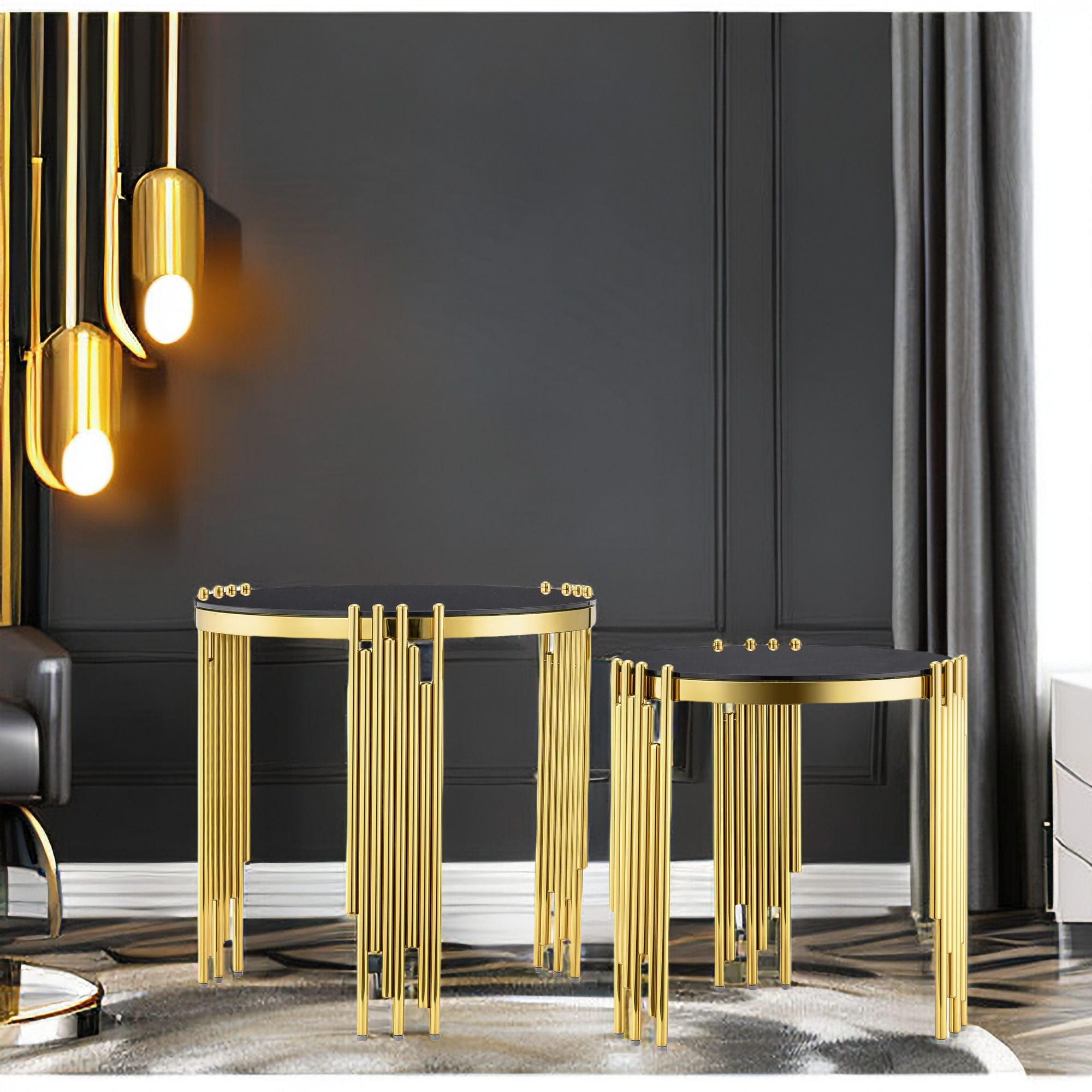 2 in 1 Nesting Round End Table in Black Gold