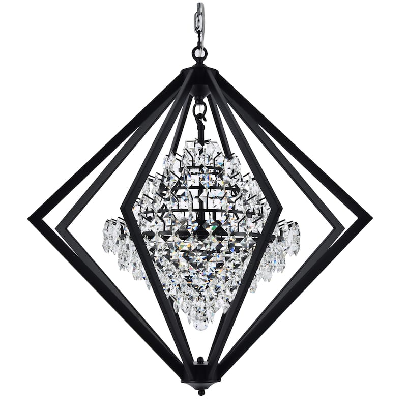 4-Light Black Diamond Cage Chandelier With Clear Hanging Crystals