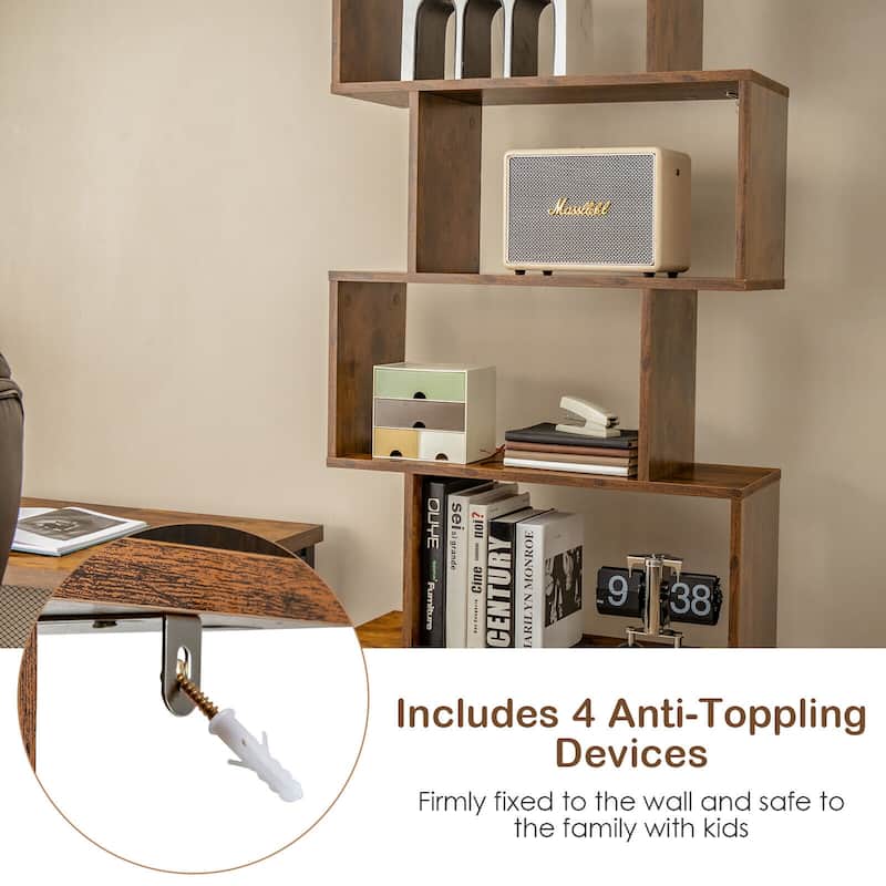 6-Tier Freestanding Modern S-Shaped Bookshelf with Storage Cabinet for Living Room and Office Use - 27.5" x 9" x 72" (L x W x H)