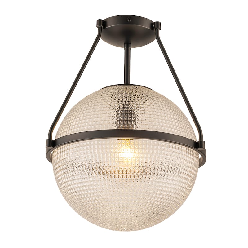 1-Light 14.17" Black/Gold Modern Textured Grid Glass Globe Semi-Flush Mount Light