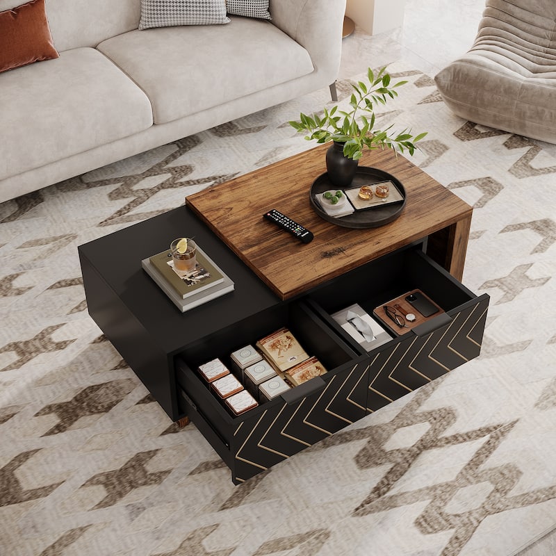 Wood Extendable 2-drawer Coffee Table with Sliding Tabletop