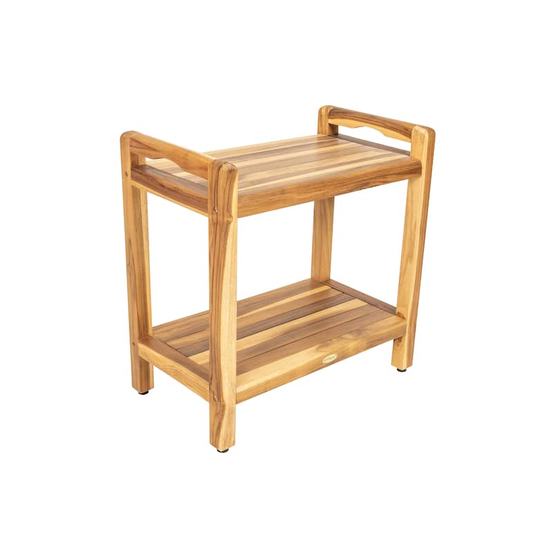 EcoDecors Eleganto 20" Solid Teak Shower Bench With Shelf And LiftAide Arms - EarthyTeak Finish - 18 in