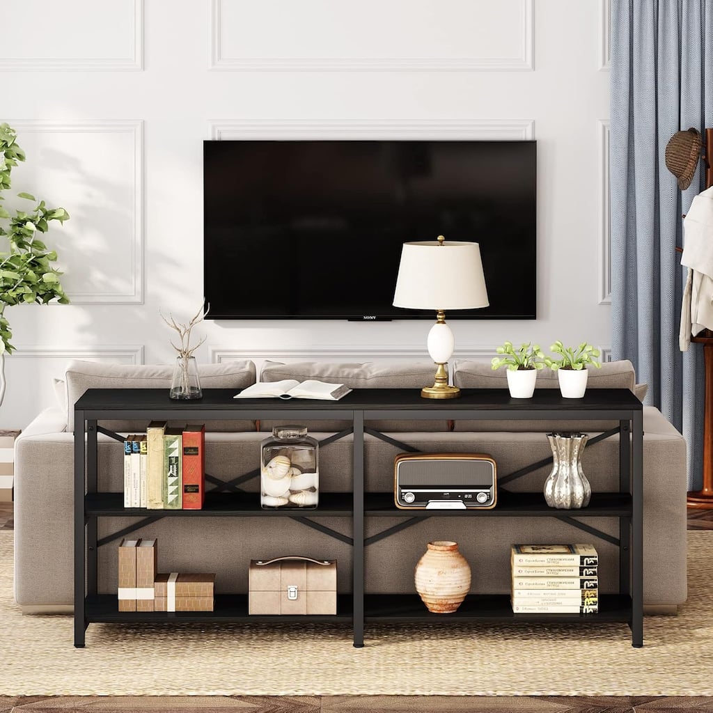 70.9" Black 3-Tier Industrial Console Table, Extra Long Sofa Table with X-Back Design and Storage Shelves