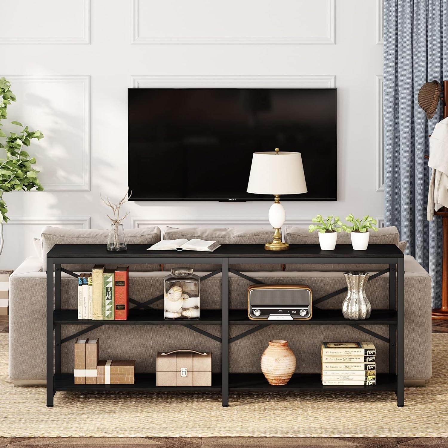 70.9" Black 3-Tier Industrial Console Table, Extra Long Sofa Table with X-Back Design and Storage Shelves