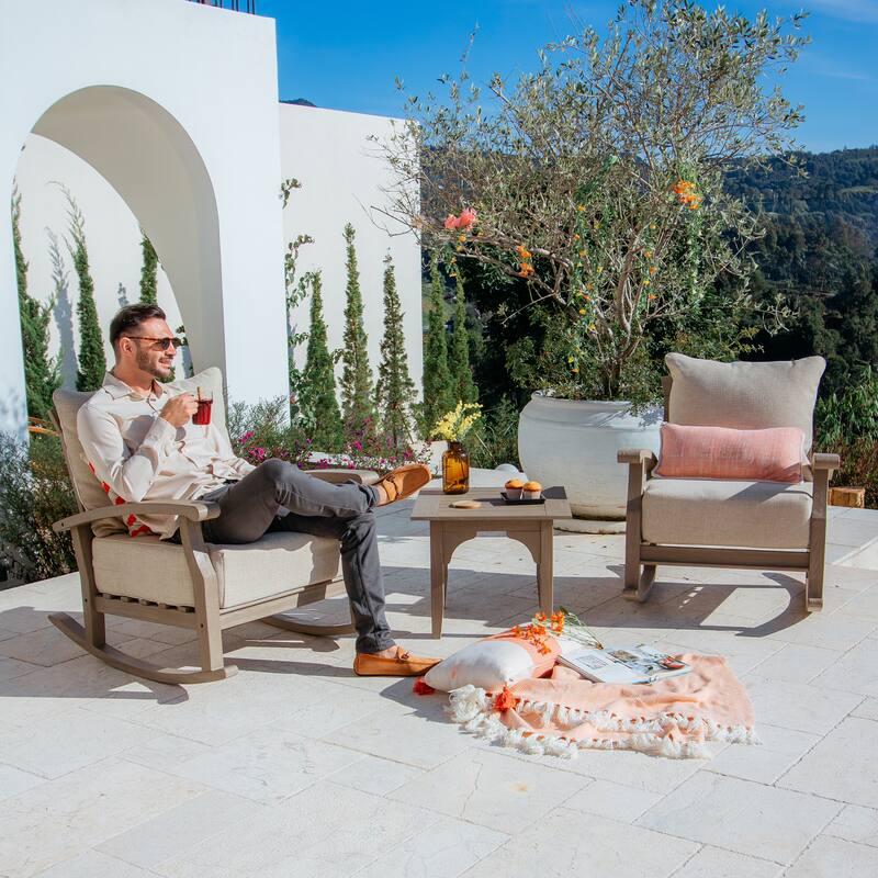 Cambridge Casual Leon 3-piece Teak Patio Rocking Chair Set with Cushion