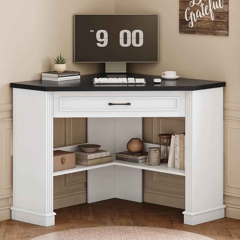 Small Corner Desk Triangle Computer Desk Drawer Storage Shelves - White