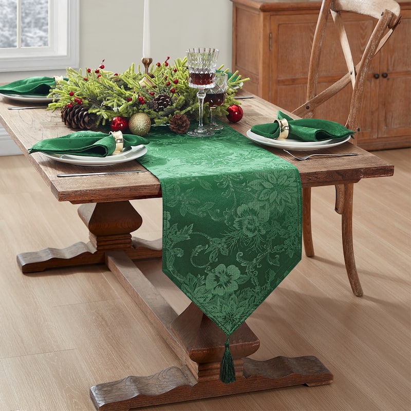 Poinsettia Elegance Jacquard Holiday Table Runner - 13"x70" - Green