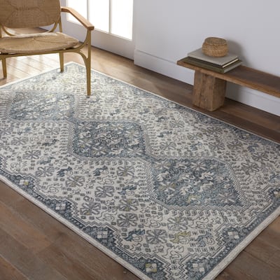 Machine Washable Yucca Medallion Cream/ Blue Area Rug.