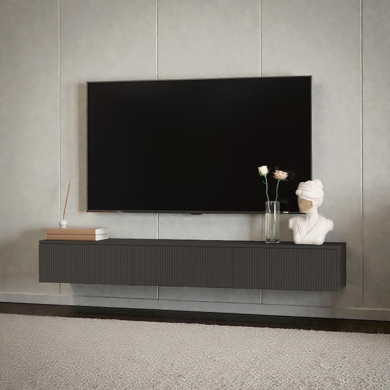 65" Floating TV Stand Wall Mounted with 16 Color LED Lights, Modern TV Cabinet for 55-65 Inch TVs
