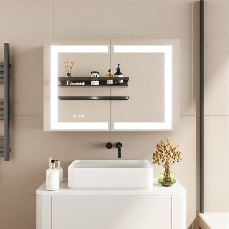 36 in. W x 24 in. H Rectangular Aluminum Frameless LED Lighted and Defogger Medicine Cabinet with Mirror