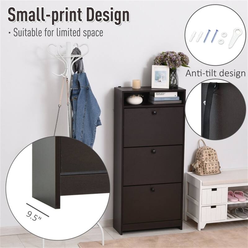 Espresso 3-Tier Shoe Cabinet with Upturning Drawers and Top Storage Shelf for Daily Use - 23.5" L x 9.5" W x 52" H