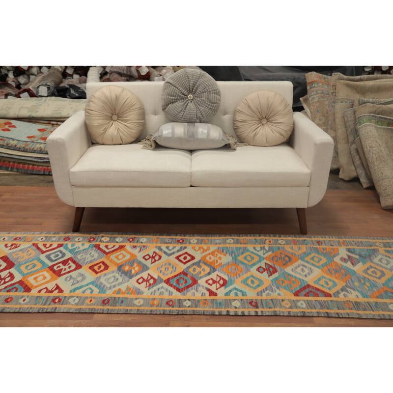 Hand Woven Oriental 100% Wool Carpet Southwestern Tribal Multi-Colored Kilim Runner Rug - 9' 0'' X 2' 6''