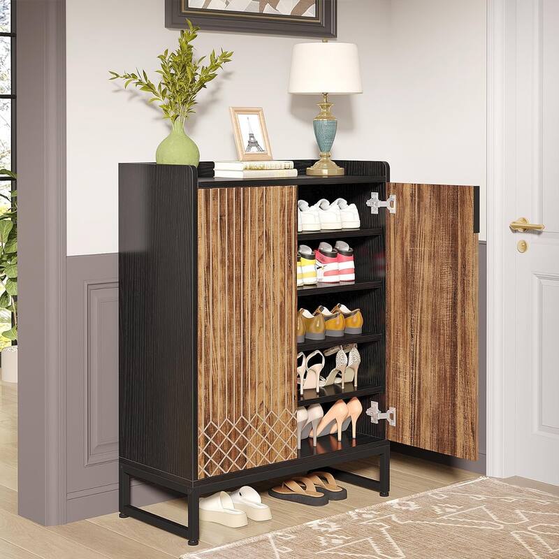 25 Pairs Shoe Cabinet with Doors, White 5-Tier Wood Shoes Organizer