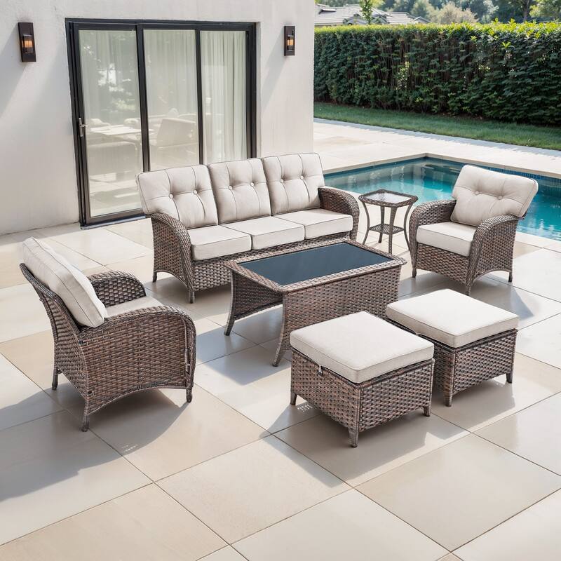 TWrap 7-Piece Patio Brown Wicker Sofa Conversation Set with 5-Inch Thick Cushions