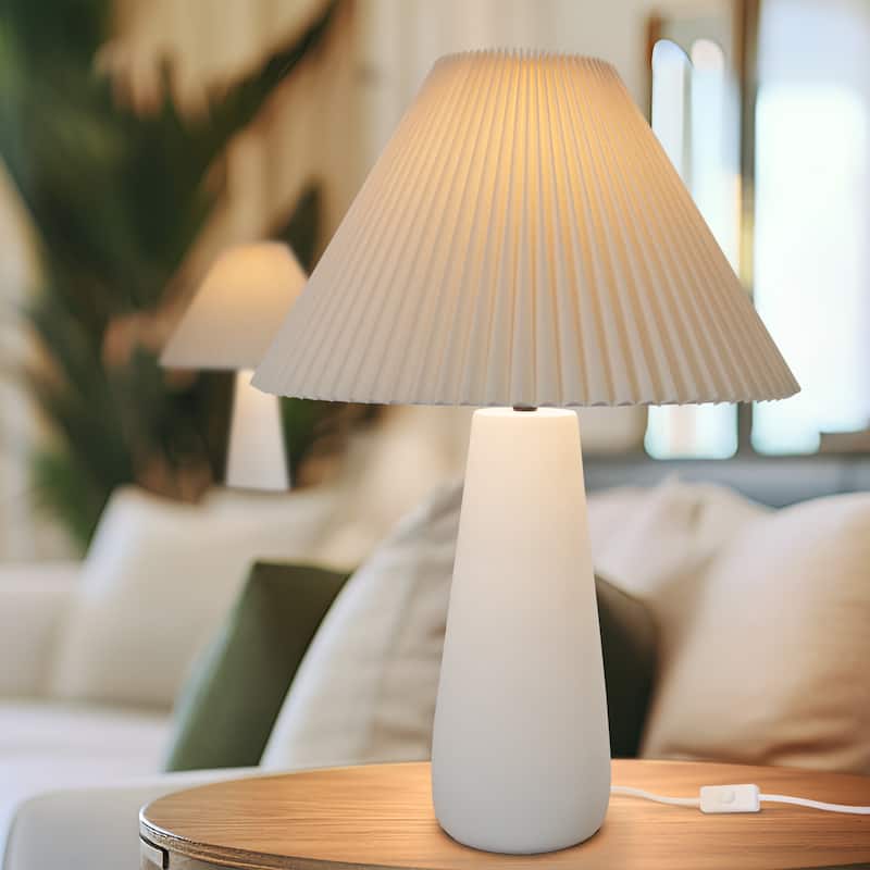 Brightech Gwen 25 in Off-White Cream Mid-Century 9W 800Lm 3000K LED Contemporary Round Table Lamp With Cream Cotton Empire Shade