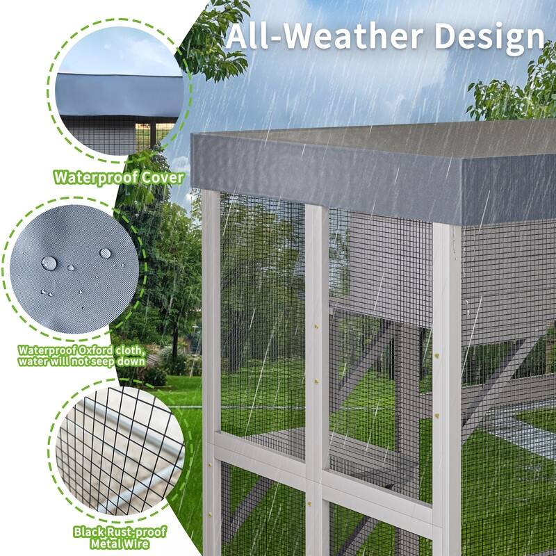 70.5"H Wood Catio Outdoor Cat Enclosure, Cat House Large Solid Wood Cage Playpen with 2 Napping Houses, Movable Tarp Cover